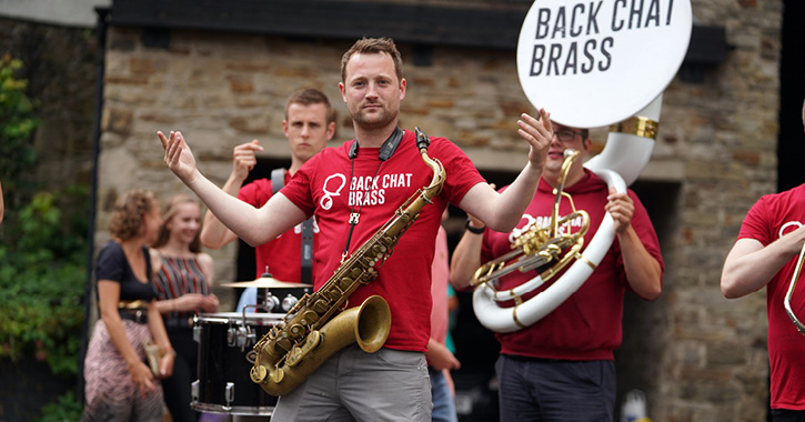 Back Chat Brass band performing in Durham City 